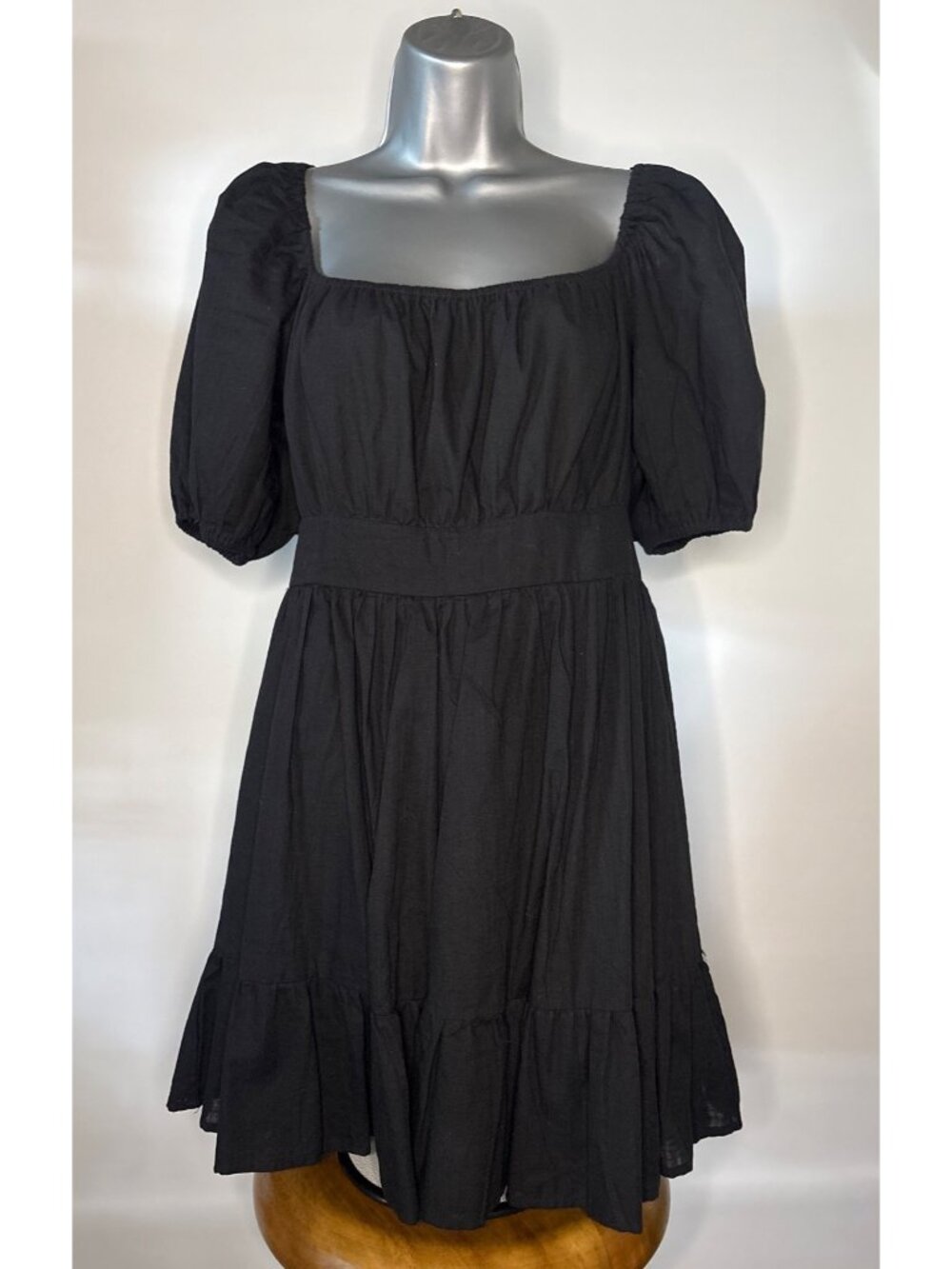 SHEIN Midi Black Backless Cut Out Puff Sleeve Tie Back Smocked Waist Ruffled Hem